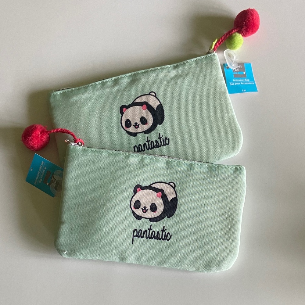 Two Green Panda Print Pouches